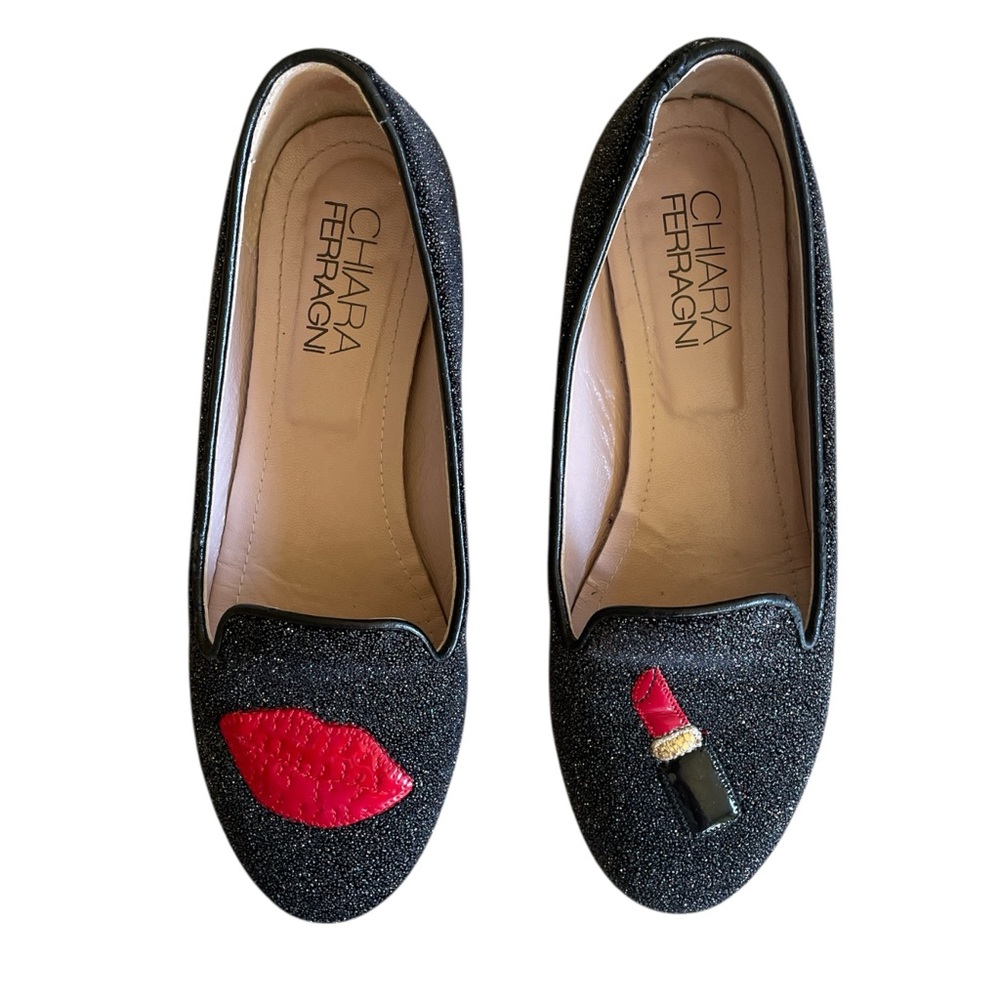 Chiara Ferragni Flogger Nero Glitter Loafers with Red Lip Accent
